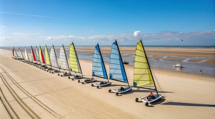 Row of Colorful Sand Yachts Ready to Sail on a Vast Sandy Beach During a Sunny Day. Generative AI