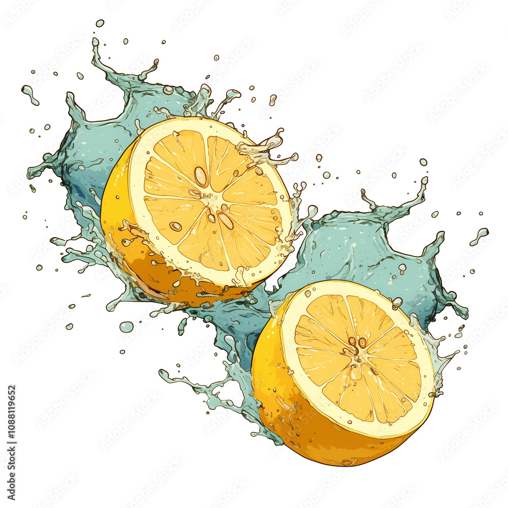 Aufkleber two lemon halves splash in vibrant blue water, isolated on white background, creating refreshing and