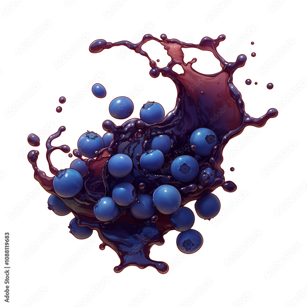 Poster Blueberries in vibrant splash of juice create dynamic and refreshing scene against white background. motion and color evoke sense of freshness and vitality