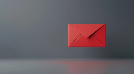 3d minimal render of red email envelope icon standing on grey background copy space.