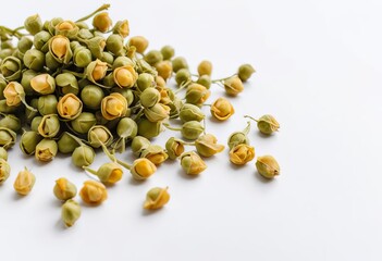 A close-up of dried pea blossoms on a white background