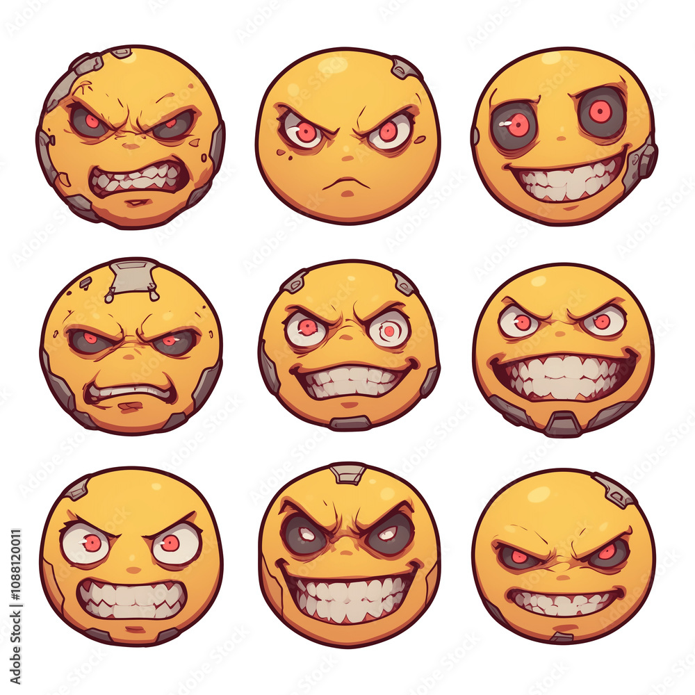 Poster nine cyberpunk emoticons with intense expressions, featuring robotic elements and vibrant colors, is