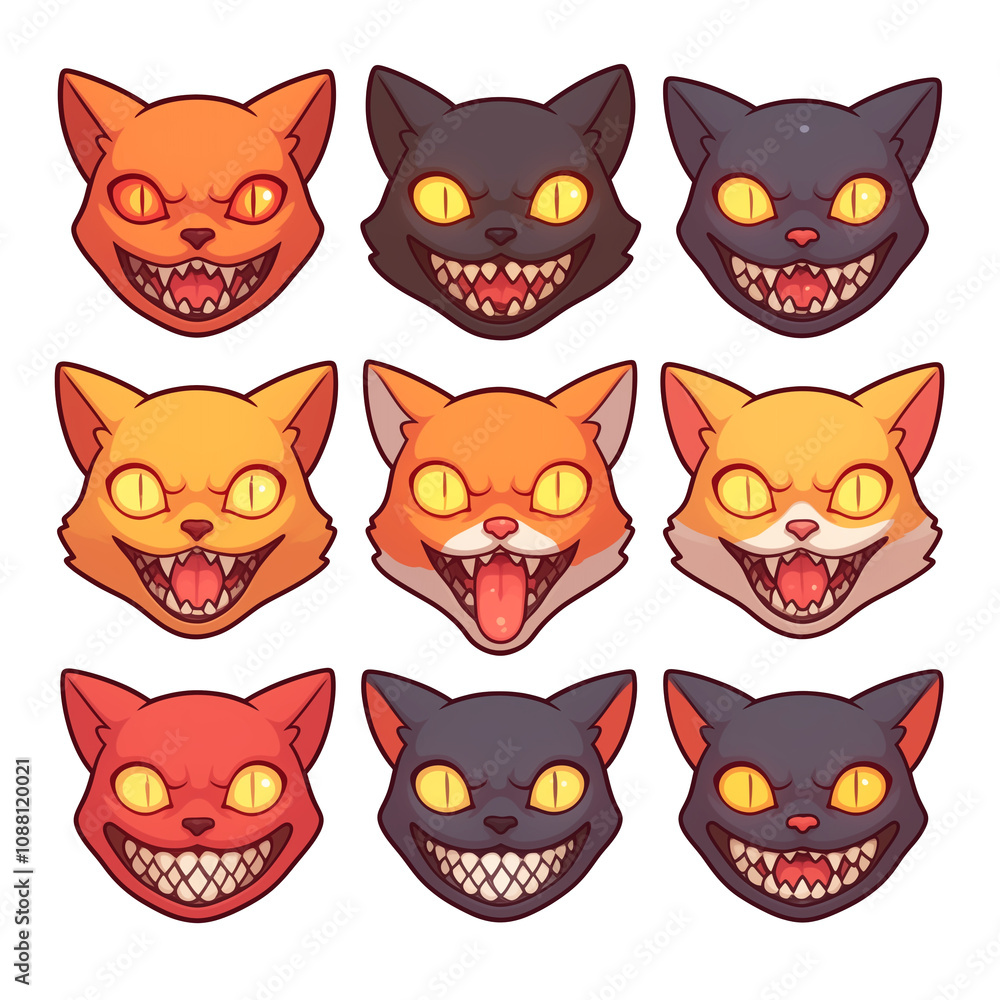 Leinwandbilder nine cartoon cat faces with exaggerated expressions, featuring sharp teeth and glowing eyes, arrange