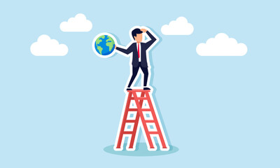 A businessman stands on a ladder holding a globe, observing something, illustration of monitoring global business trends