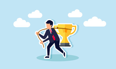 A businessman ties a trophy with a rope and lifts it to carry, illustration of maintaining business performance as the best in its field