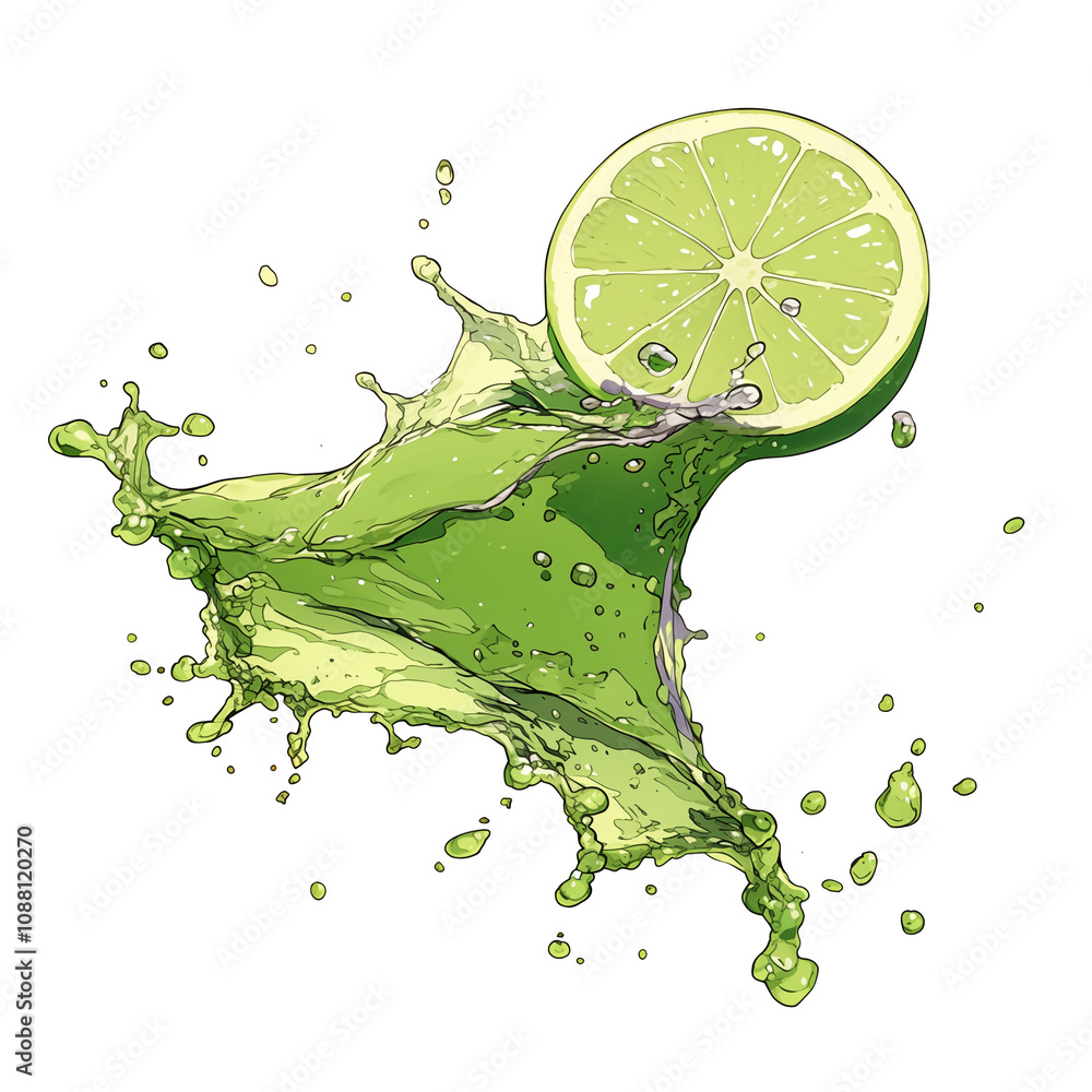 Poster vibrant splash of green liquid with lime slice creates refreshing and dynamic scene, isolated on white background. motion and color evoke sense of freshness and energy
