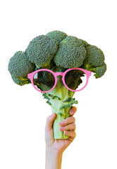 Hand-Held Broccoli with Trendy Pink Eyewear