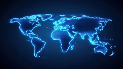Fototapeta premium Vibrant Blue Digital World Map with Neon Glow Representing Global Connectivity and Technology in a Modern Design for Creative Projects