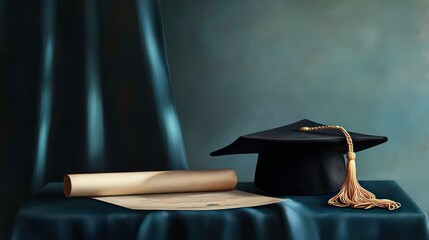 A graduation cap and diploma rolled up on a blue fabric.