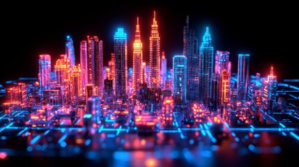 Neon cityscape at night, digital art.