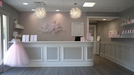 Grace and Elegance Ballet School Reception Desk with Business Cards Tutus and Rehearsal Schedule
