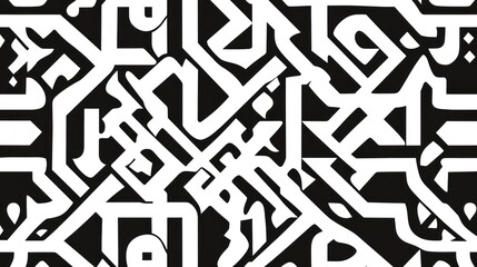 Arabic calligraphy in traditional Kufic style, geometric patterns, black and white 
