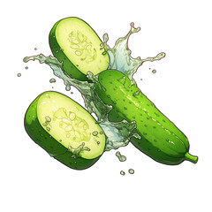 Fresh cucumber slices with water splash isolated on white background, showcasing vibrant green color and juicy texture. Perfect for healthy eating and refreshing visuals