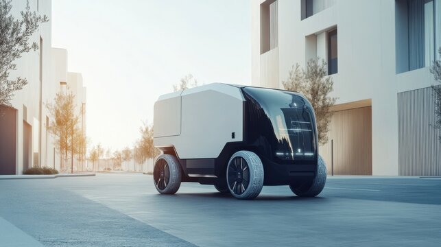 A futuristic AI-driven autonomous vehicle for precision delivery services, clean urban or suburban setting with vehicles designed for efficient and accurate parcel delivery, Delivery Services style