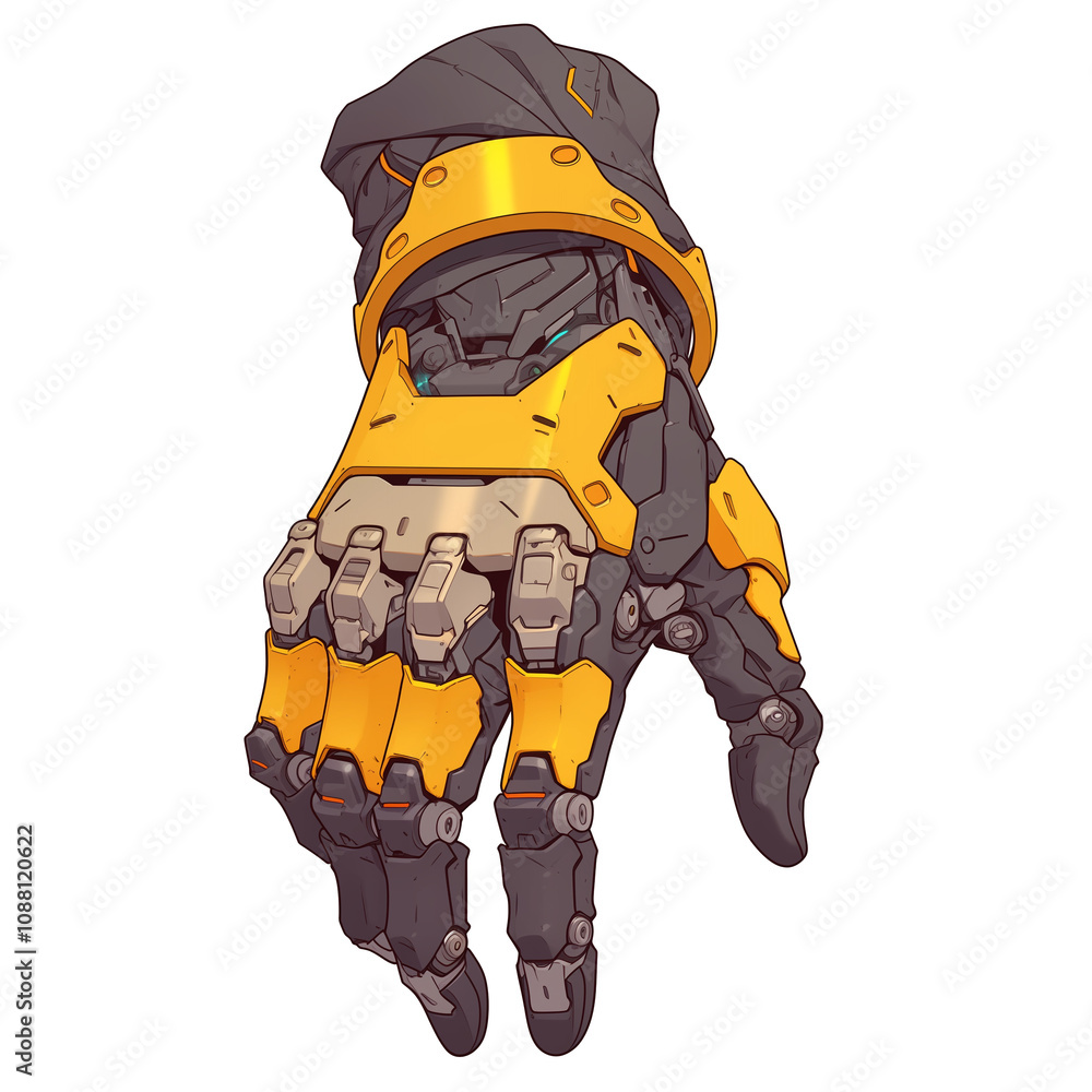 Poster futuristic robotic gauntlet with intricate mechanical details and sleek design, featuring combination of yellow and gray colors, isolated on white background