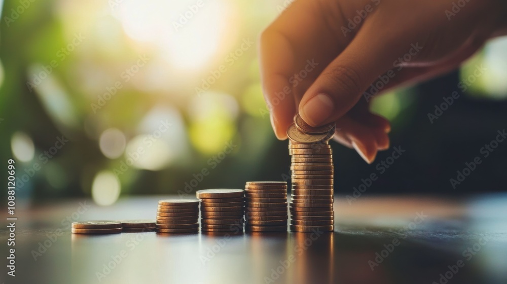 Aufkleber hand stacking coins to represent business growth with ample copy space available. generative ai