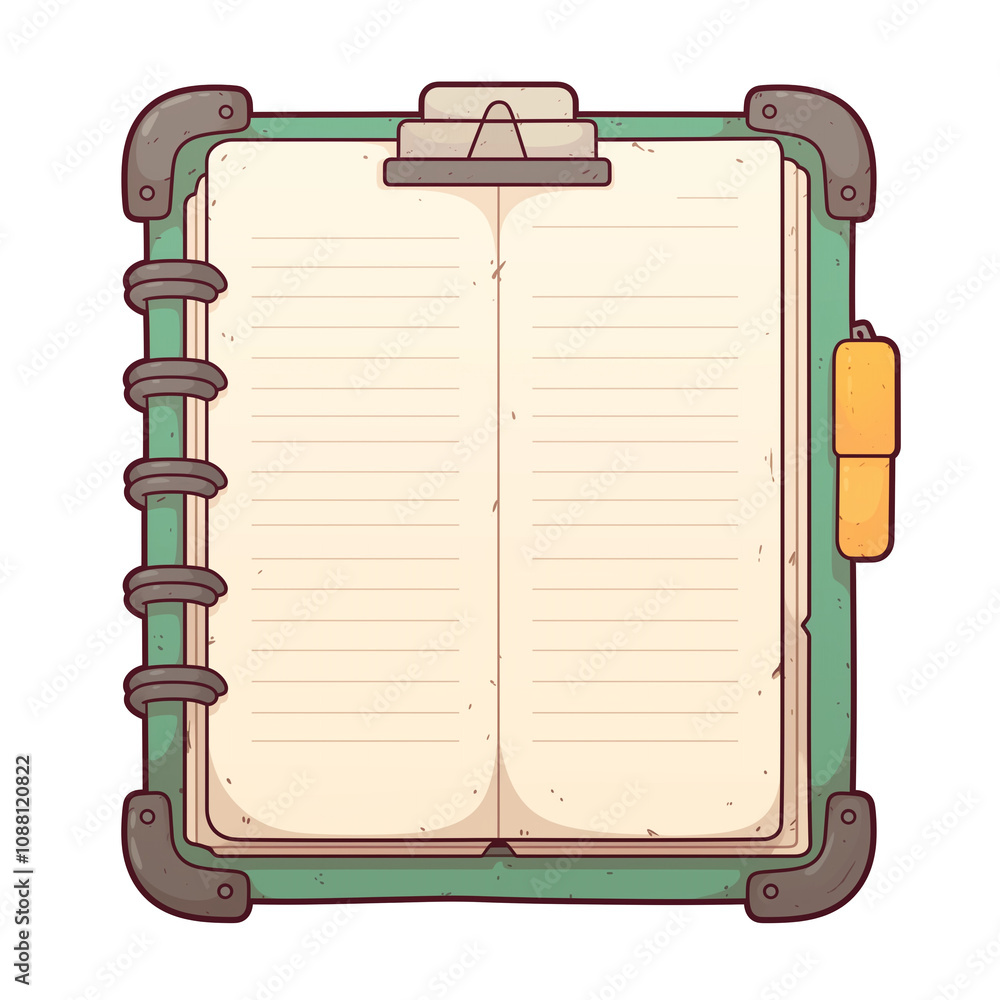 Poster cyberpunk inspired flat design of open notebook with futuristic aesthetic, featuring green cover and