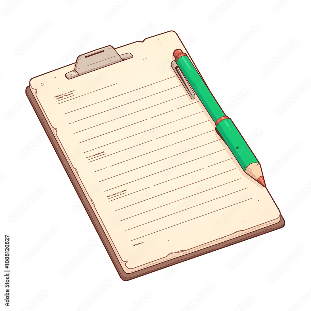 Aufkleber clipboard with green pencil rests on sheet of paper, featuring cyberpunk flat design style. isolated