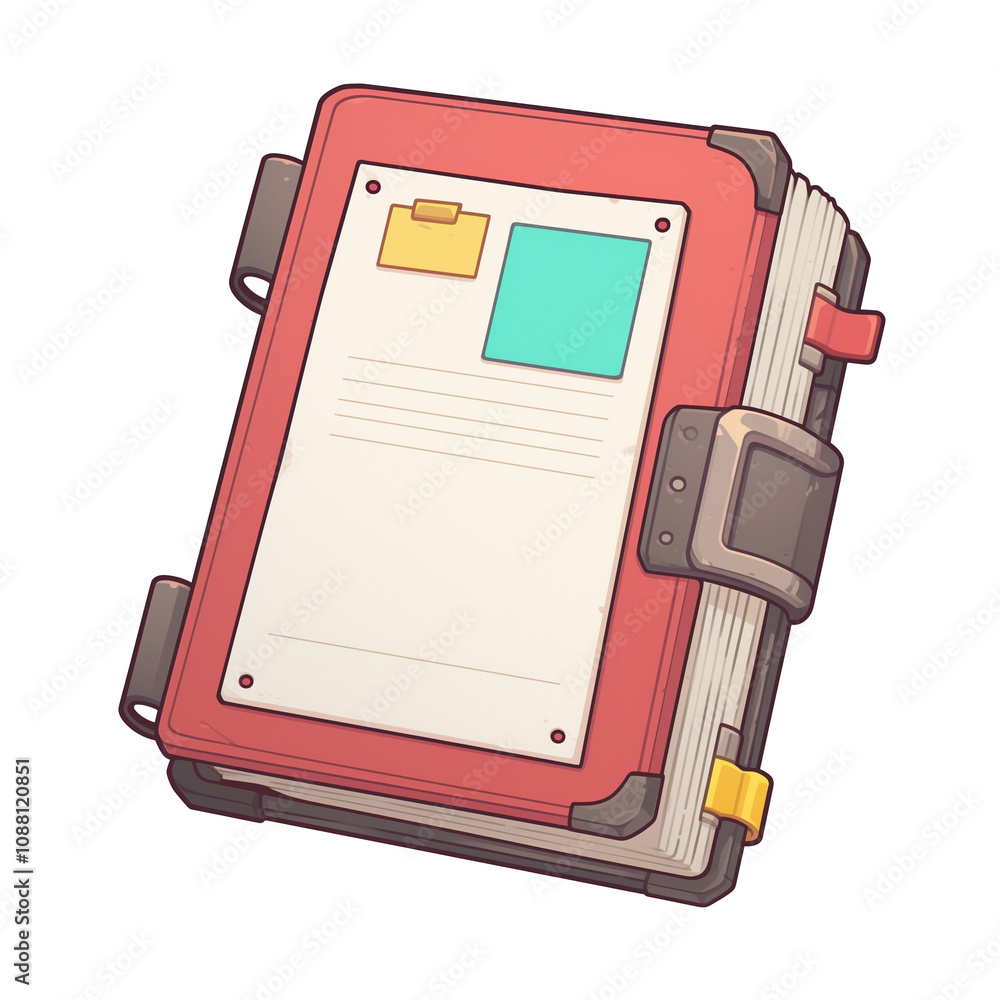 Poster cyberpunk inspired document icon with flat design, featuring red cover and colorful tabs, isolated o