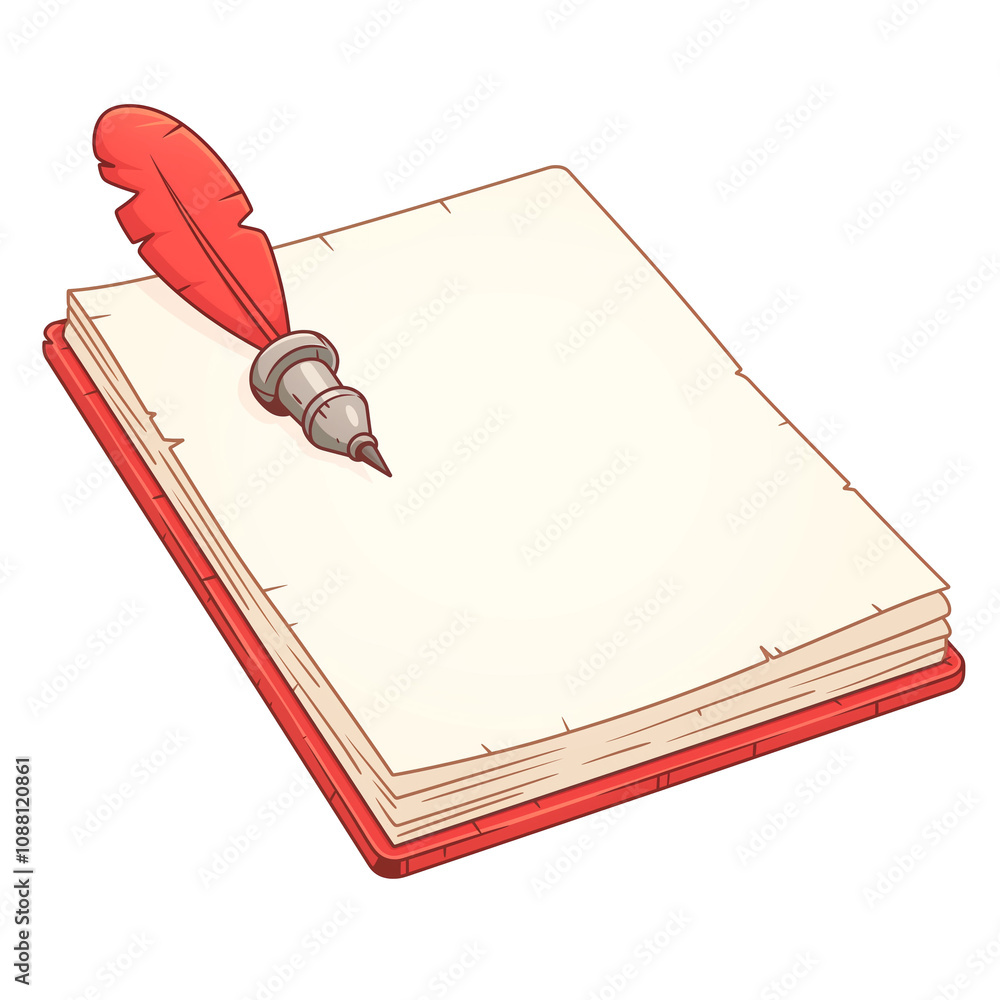 Poster fantasy themed document icon featuring red quill pen resting on stack of parchment paper, isolated o
