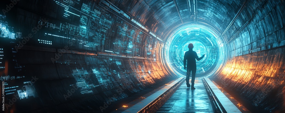 Aufkleber Futuristic miner in an underground tunnel, using a neon blue holographic interface to access critical data for precise and efficient resource extraction