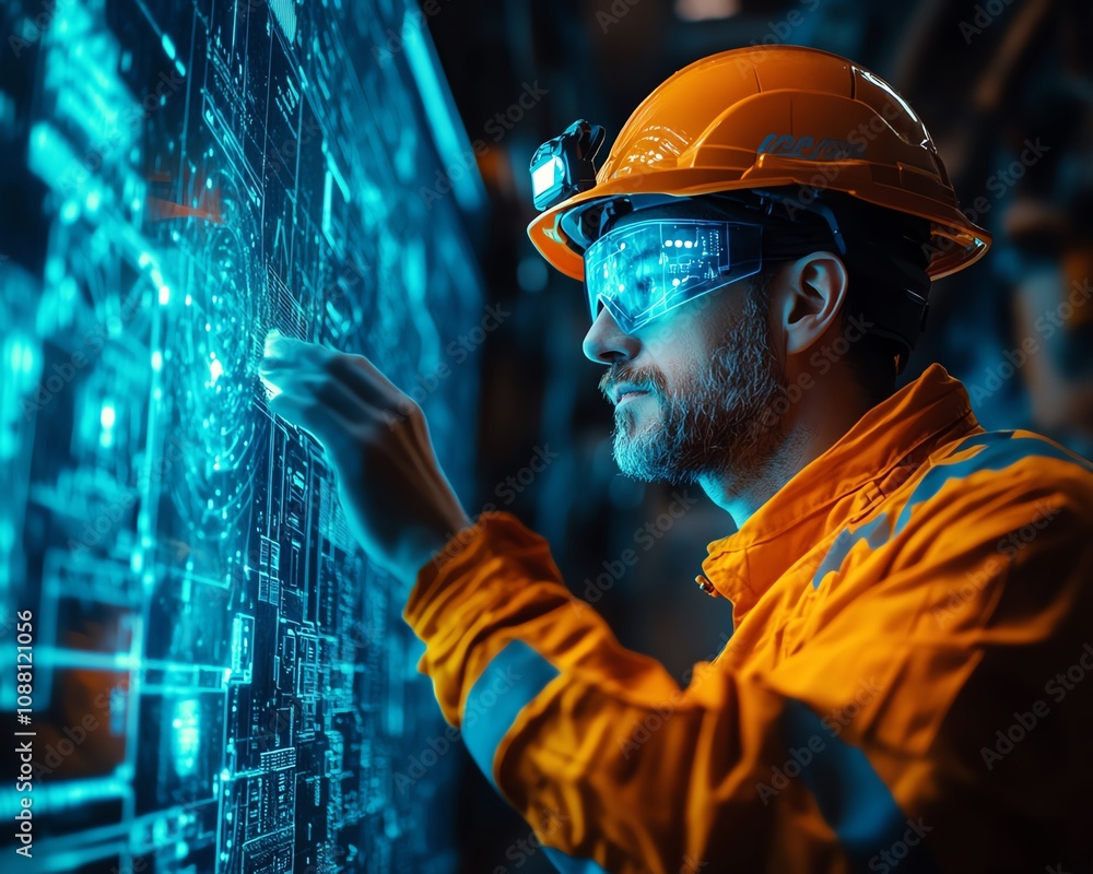 Poster Futuristic miner interacting with a neon blue holographic interface underground, analyzing data for accurate resource extraction in a cuttingedge mining setting
