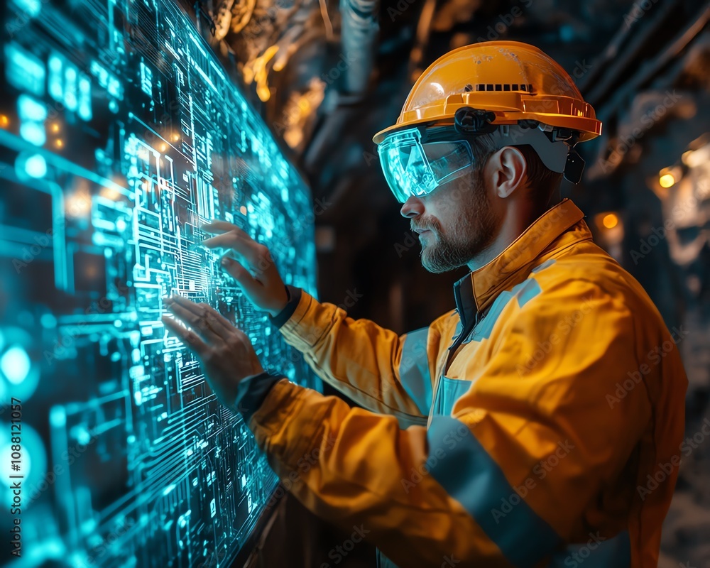 Poster Futuristic miner interacting with a neon blue holographic interface underground, analyzing data for accurate resource extraction in a cuttingedge mining setting