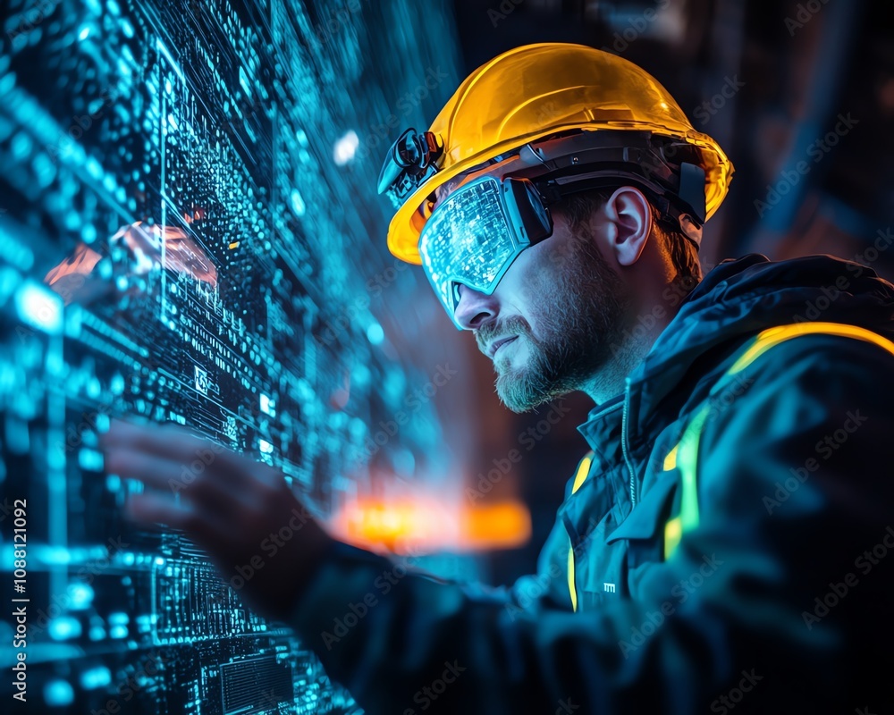 Poster Futuristic miner interacting with a neon blue holographic interface underground, analyzing data for accurate resource extraction in a cuttingedge mining setting