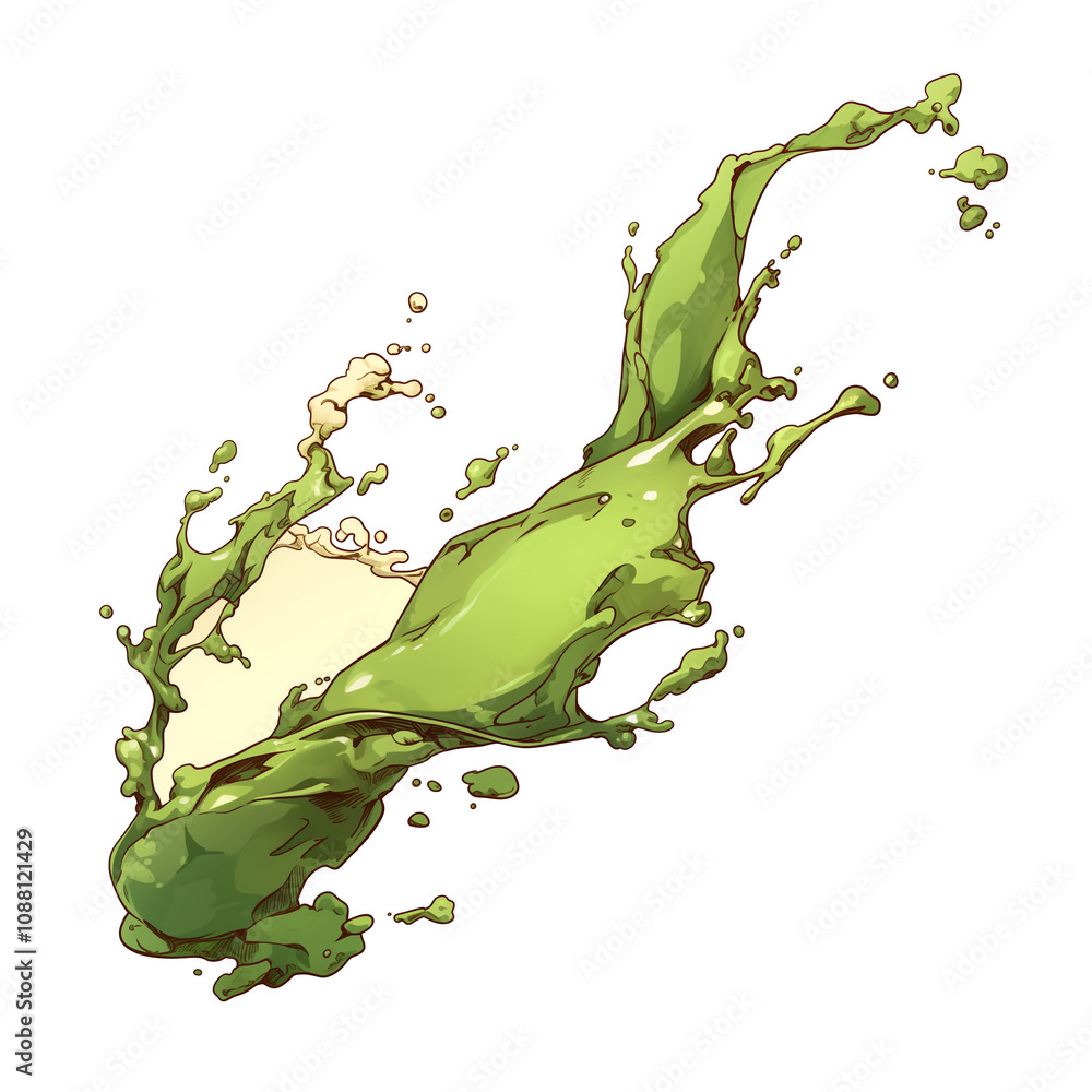 Poster dynamic splash of green tea captured mid air against white background, showcasing vibrant motion and