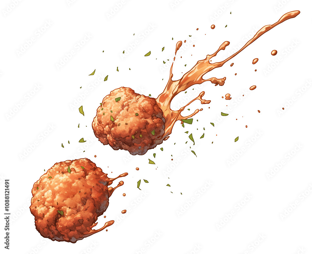Poster juicy ground beef patties with herbs and sauce splashing on white background, creating dynamic and a