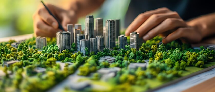 Hands of an urban planner designing a city model with lush greenery, illustrating ecofriendly city planning, sustainable architecture, and green design principles