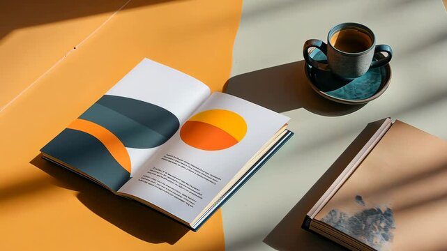 A book is open to a page with a circle on it. A cup of coffee is sitting on a table next to the book