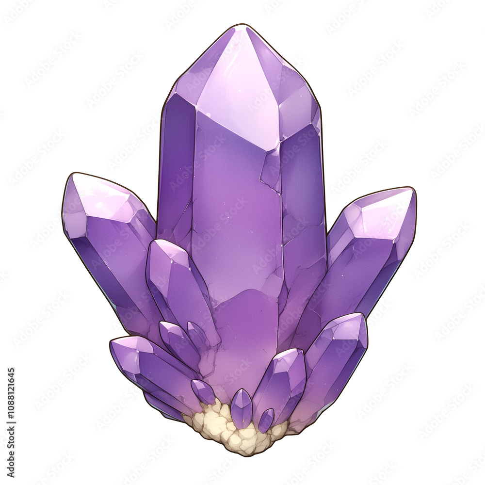 Poster vibrant purple crystal cluster with sharp facets and smooth surface, isolated on white background, e