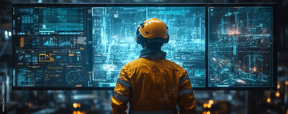 Aufkleber Miner operating a futuristic neon blue holographic interface underground, extracting valuable resources with precision using advanced technology in a hightech mining environment