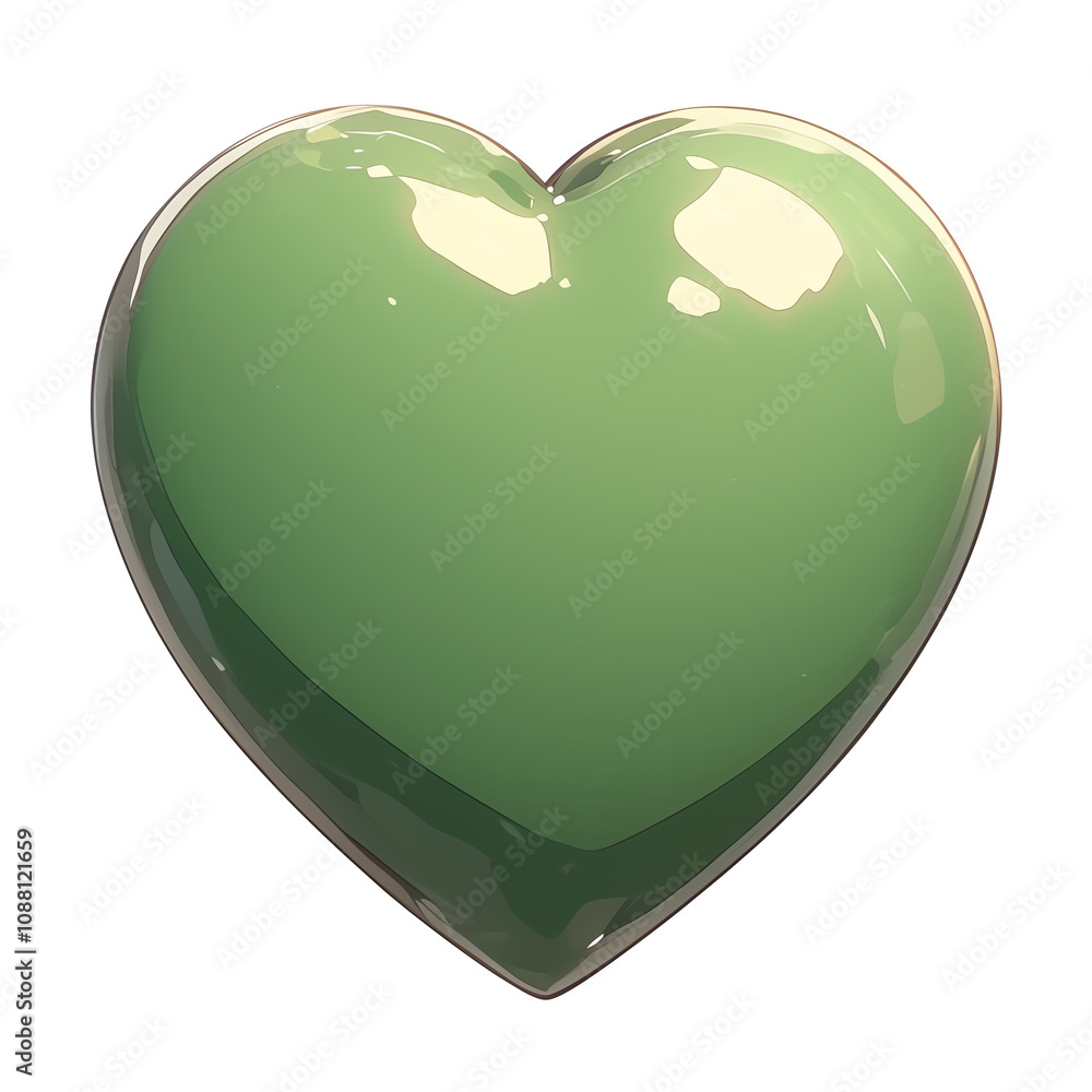 Aufkleber glossy green heart shape isolated on white background, reflecting light and creating shiny appearanc