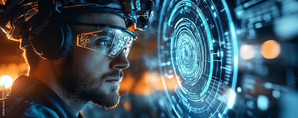 Aufkleber Miner operating a futuristic neon blue holographic interface underground, extracting valuable resources with precision using advanced technology in a hightech mining environment