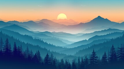Obraz premium A serene mountain landscape with a sunrise over a vast range of peaks and valleys, shrouded in a soft, misty atmosphere.
