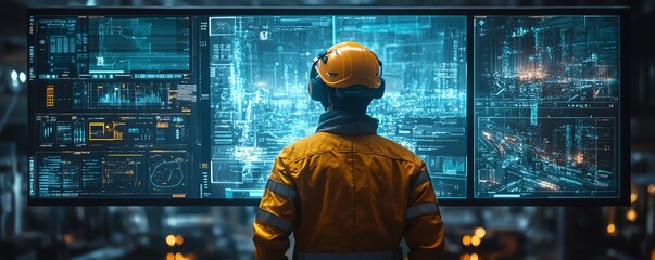 Miner operating a futuristic neon blue holographic interface underground, extracting valuable resources with precision using advanced technology in a hightech mining environment