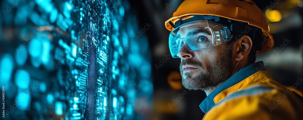 Aufkleber Miner using an advanced neon blue holographic interface underground, accessing data for optimized resource extraction in a futuristic, technologydriven mining environment