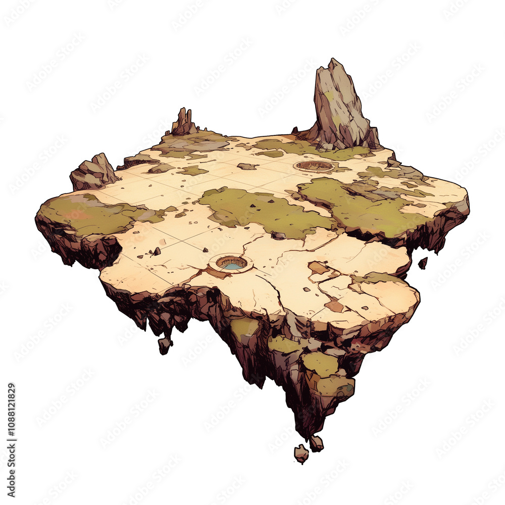 Aufkleber floating, futuristic map design with cyberpunk aesthetic, featuring rocky terrain and digital elemen
