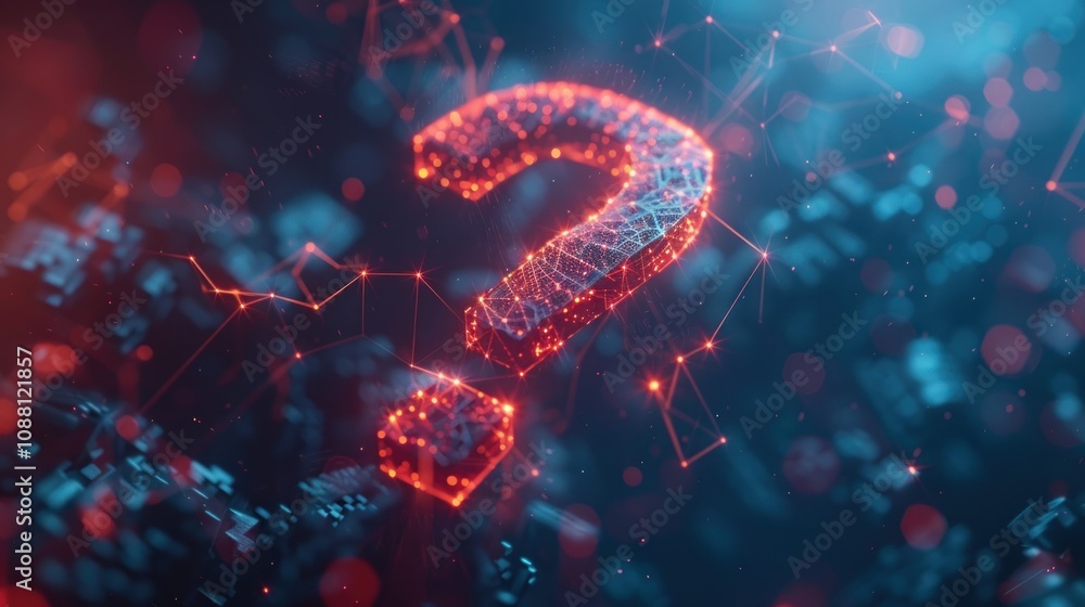 Aufkleber a glowing red question mark made of connected lines and dots against a blue and red bokeh background