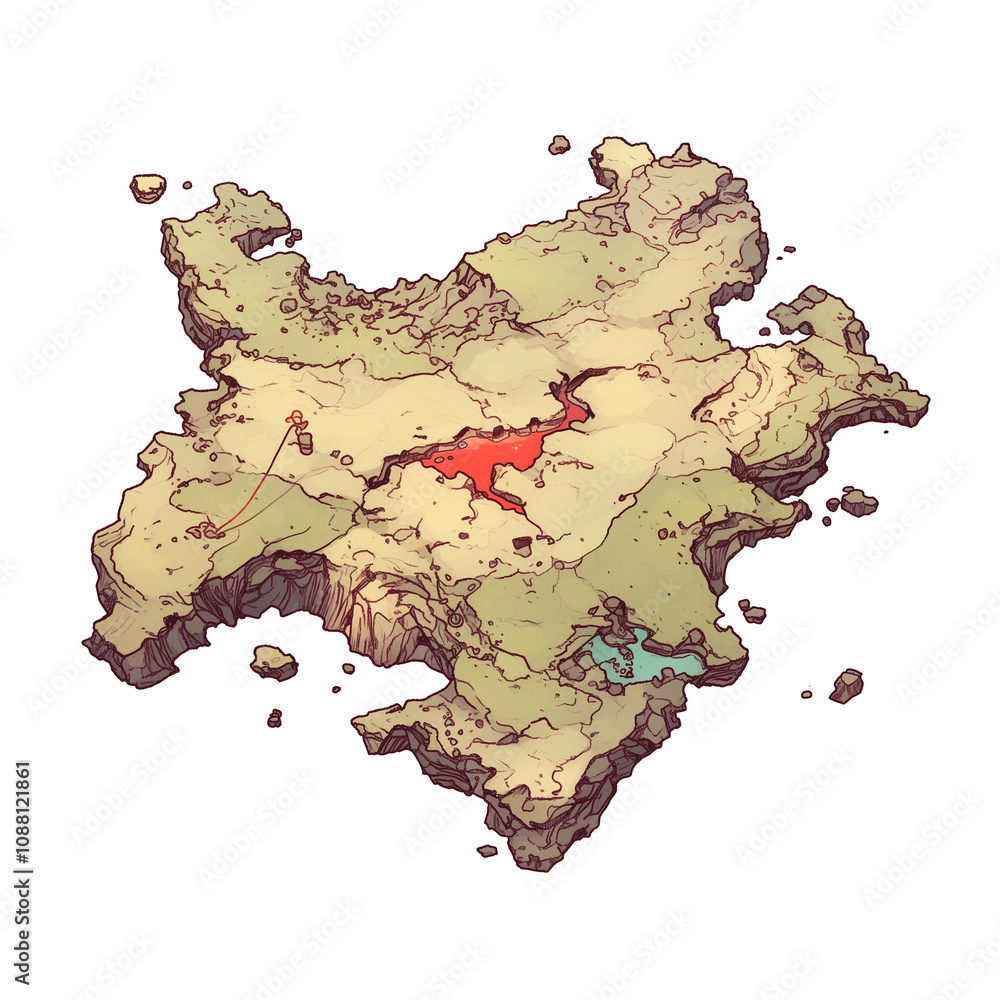 Poster detailed, stylized map with cyberpunk aesthetic, featuring distinct regions marked in red and blue, isolated on white background. map intricate design suggests futuristic or fantasy setting