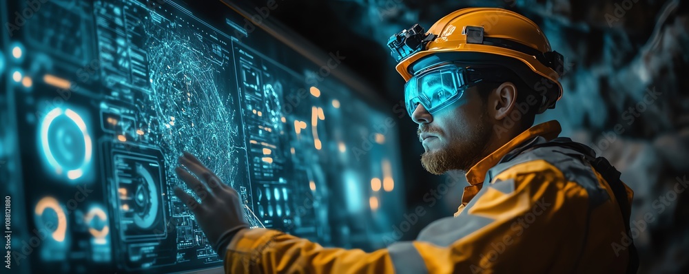 Aufkleber Miner using an advanced neon blue holographic interface underground, accessing data for optimized resource extraction in a futuristic, technologydriven mining environment