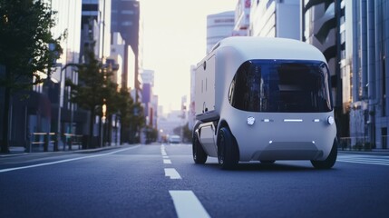 Obraz premium A futuristic AI-driven autonomous vehicle for urban logistics, clean city streets with vehicles designed for efficient and eco-friendly distribution of goods, Urban Logistics style