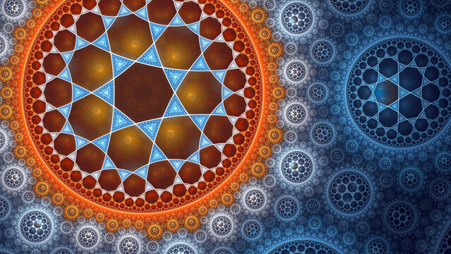 Infinite mosaic tile pattern abstract background. Mathematical uniform hyperbolic tiling of heptagons and triangles. Fractal art.