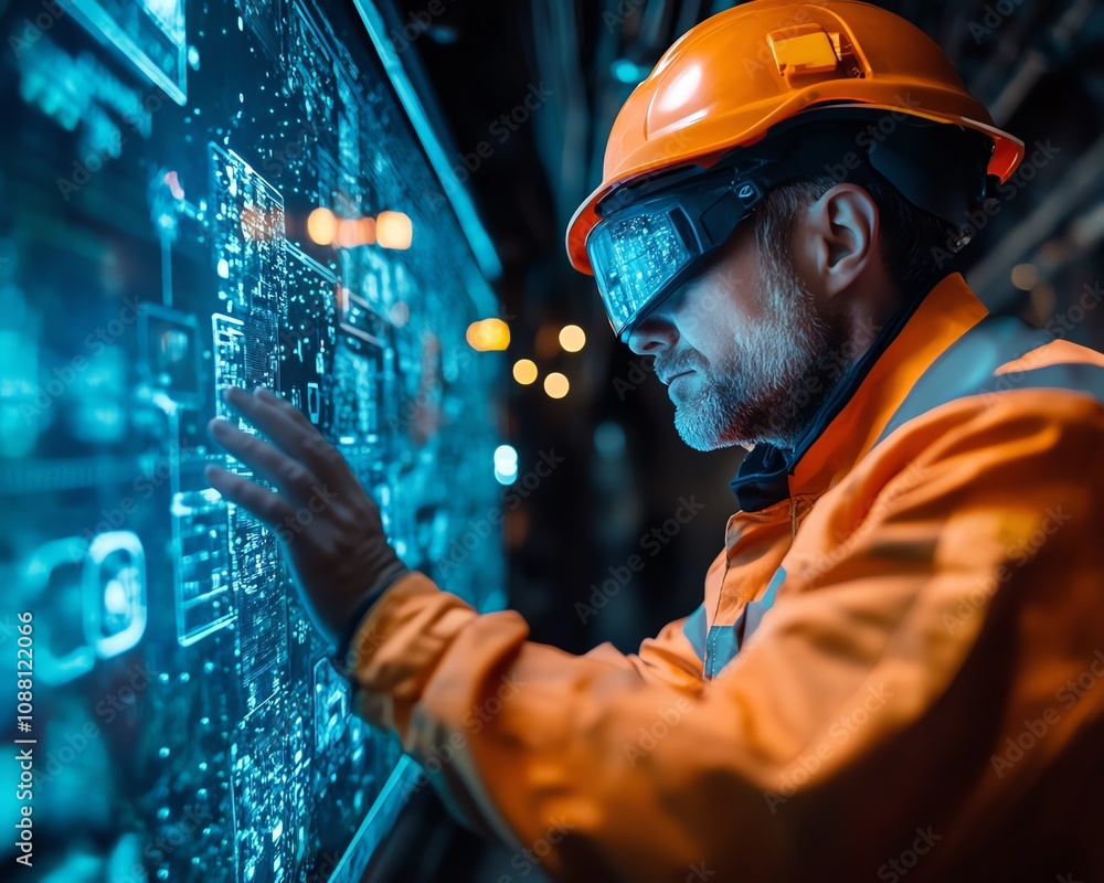 Aufkleber Underground miner interacting with a neon blue holographic display, analyzing data for effective resource extraction in a futuristic mining operation