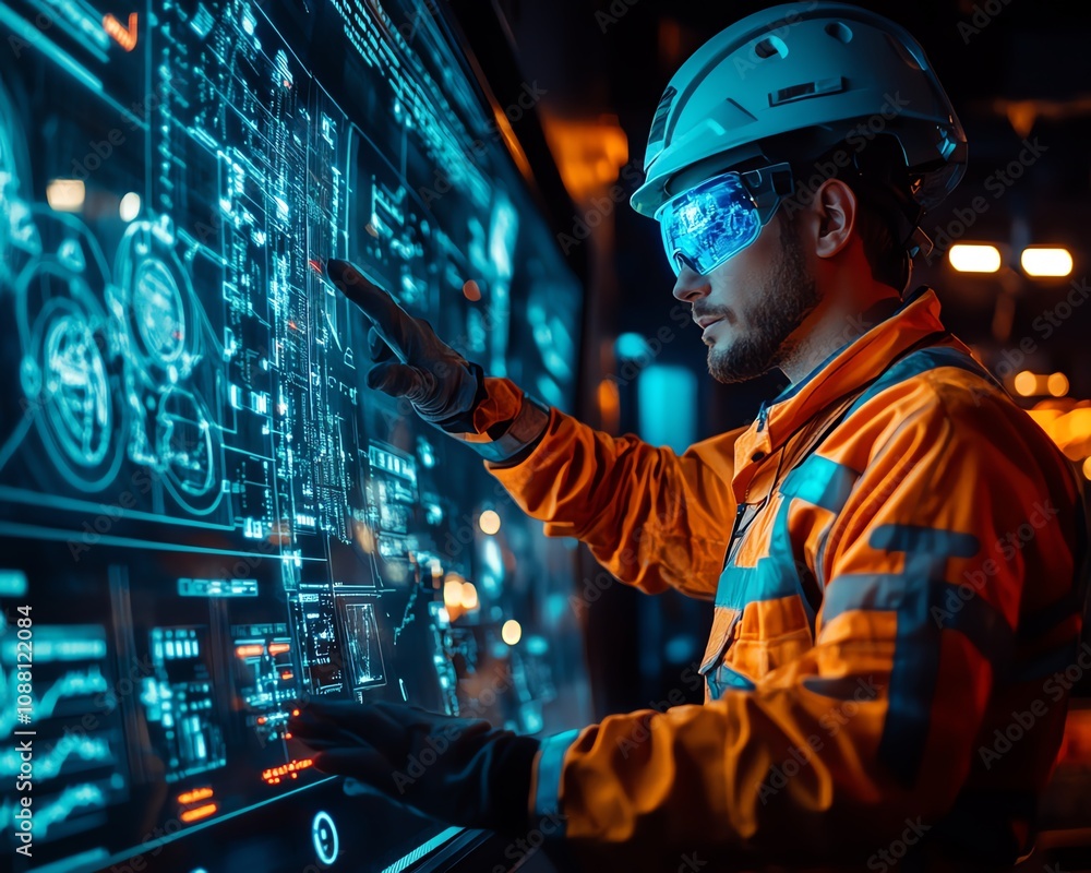 Aufkleber Underground miner interacting with a neon blue holographic display, analyzing data for effective resource extraction in a futuristic mining operation