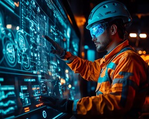 Underground miner interacting with a neon blue holographic display, analyzing data for effective resource extraction in a futuristic mining operation