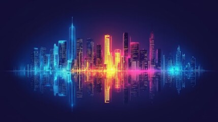 Fototapeta premium Neon cityscape at night, reflecting in water.