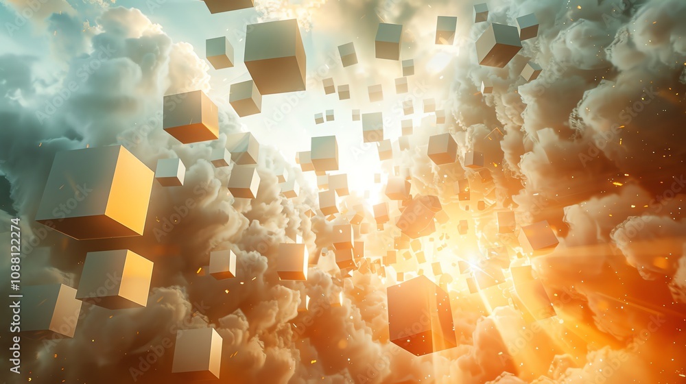 Canvas Prints abstract digital art depicting cubes floating in a cloudy, sunlit sky.